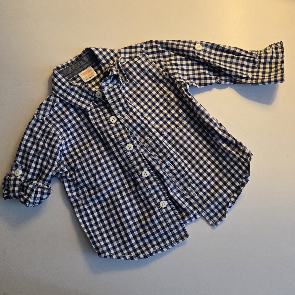 Gymboree Navy and White Checkered Button Down Shirt 6-12m
